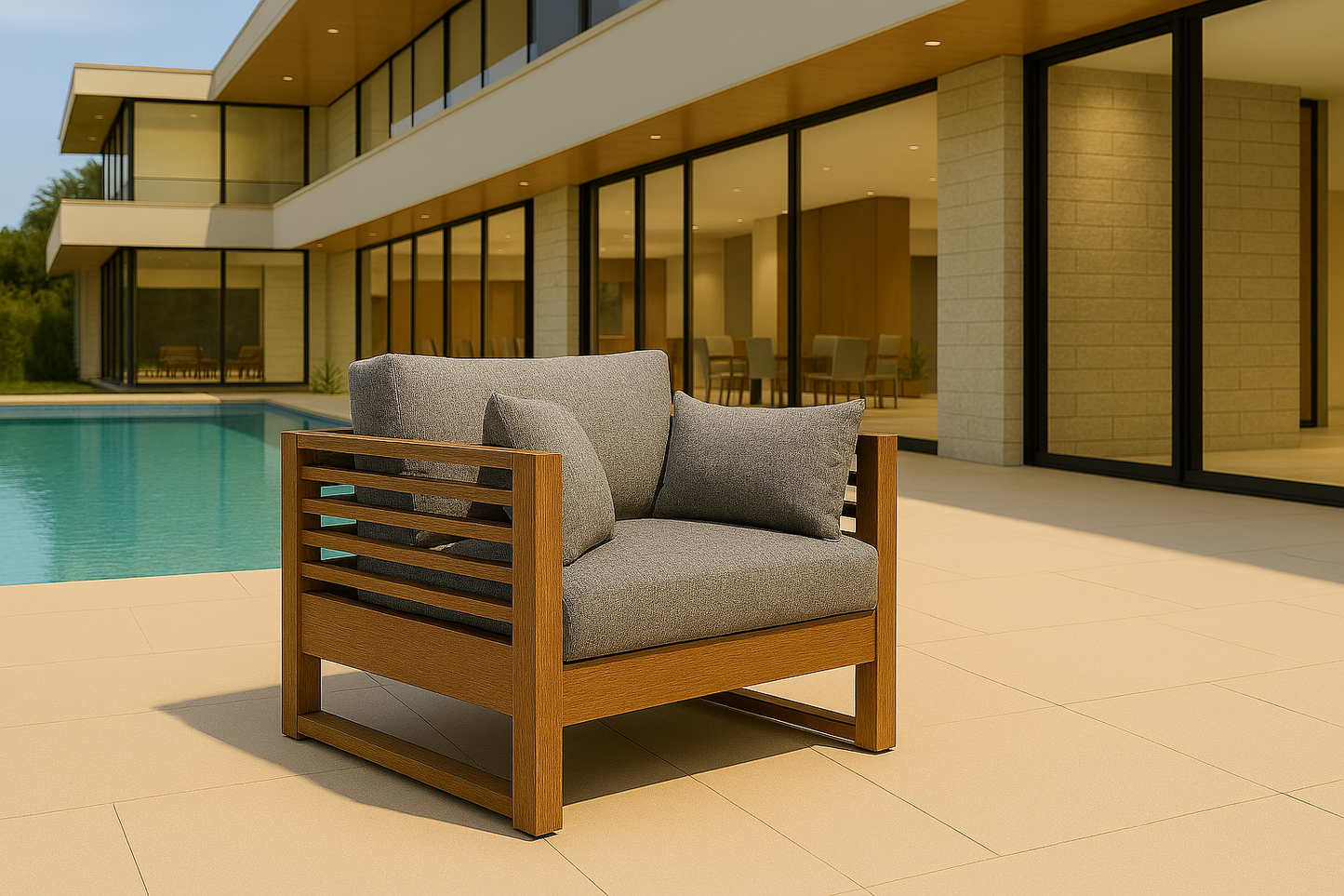 Outdoor Wooden Single‑Seater Armchair with Cushions
