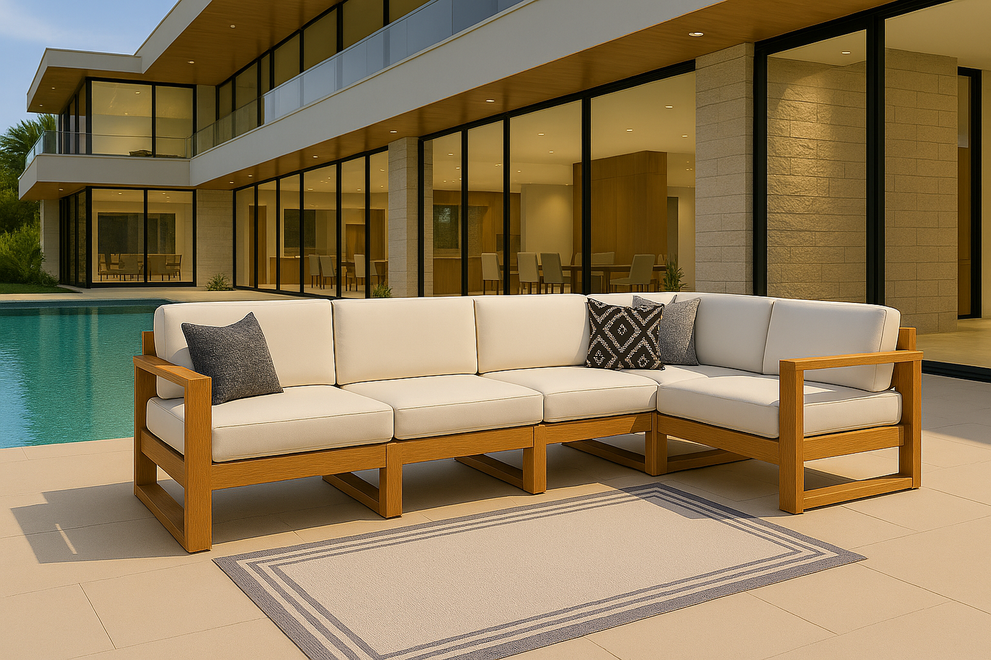Outdoor Wooden 5‑Seater L‑Shaped Sectional Sofa with Cushions
