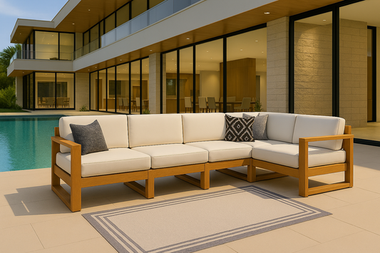 Outdoor Wooden 5‑Seater L‑Shaped Sectional Sofa with Cushions