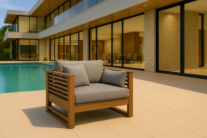 Outdoor Wooden Single‑Seater Armchair with Cushions