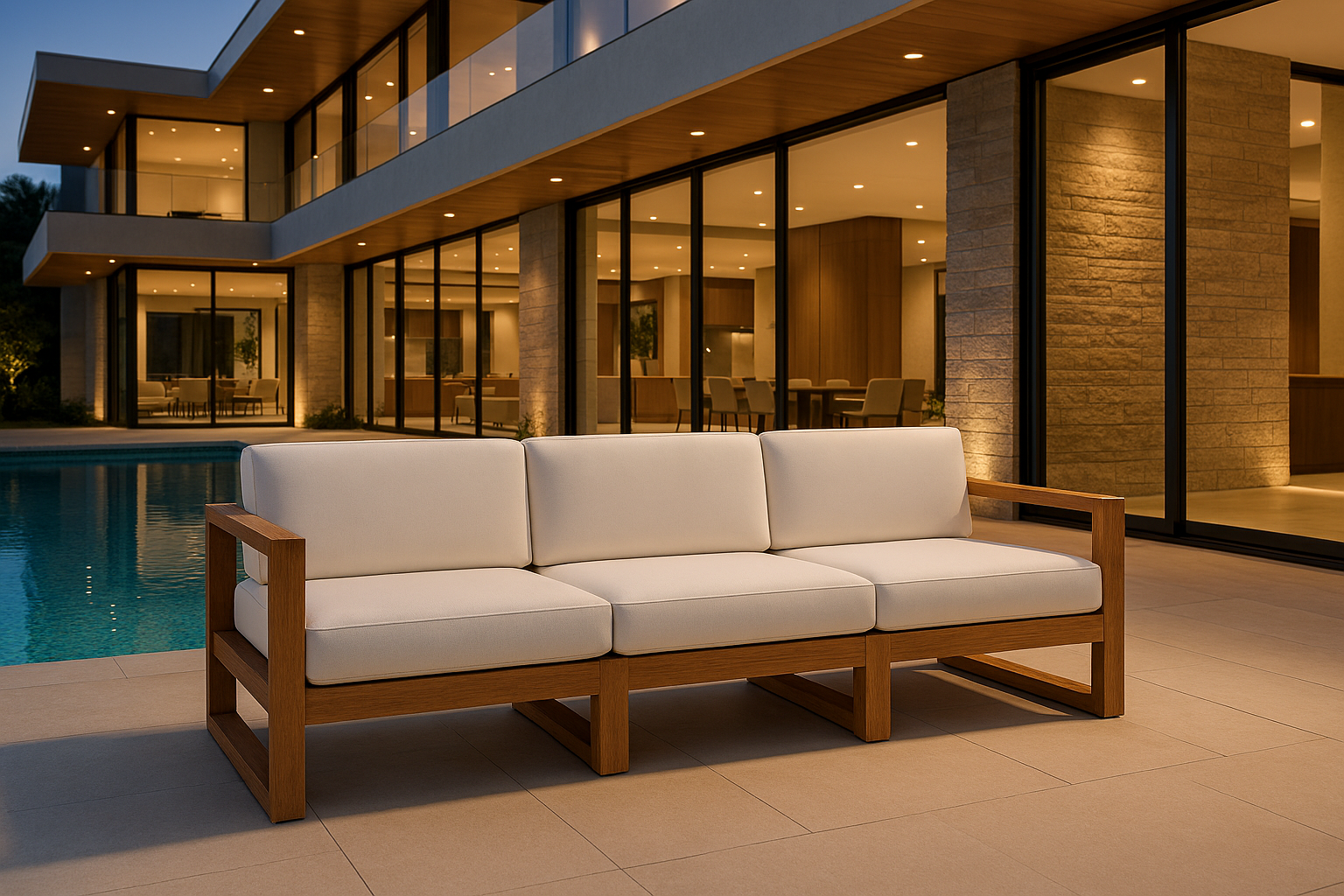 Outdoor wooden 3‑seater sofa with cushions on patio