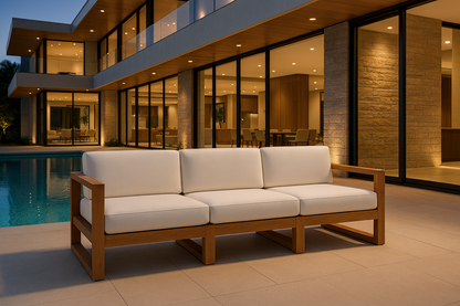 Outdoor wooden 3‑seater sofa with cushions on patio